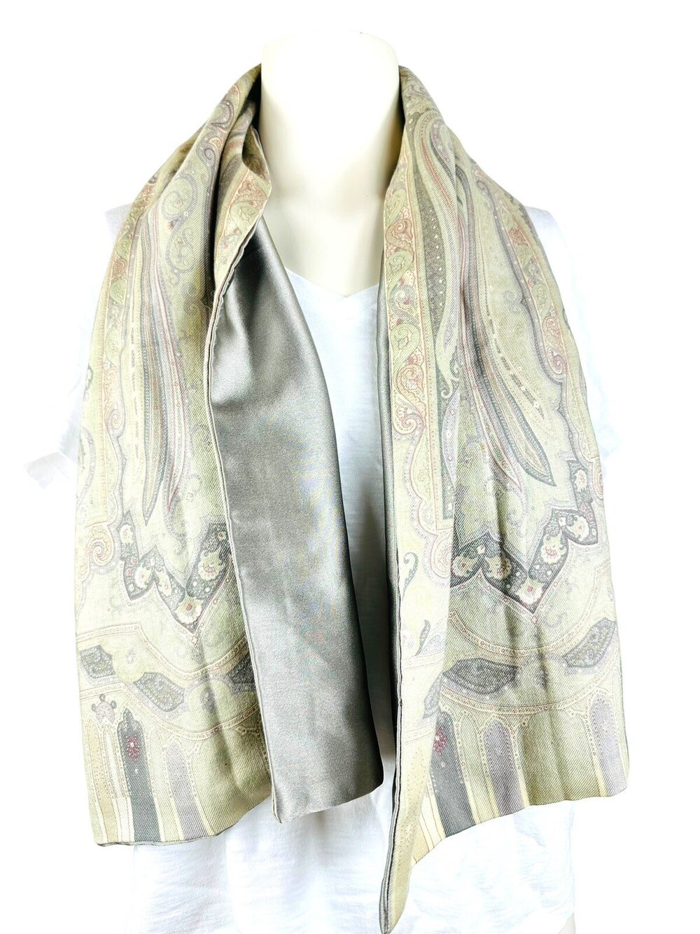 Etro Scarf 100% Silk Wool Paisley Ivory Beige Large Rectangle 45 x 12 Italy